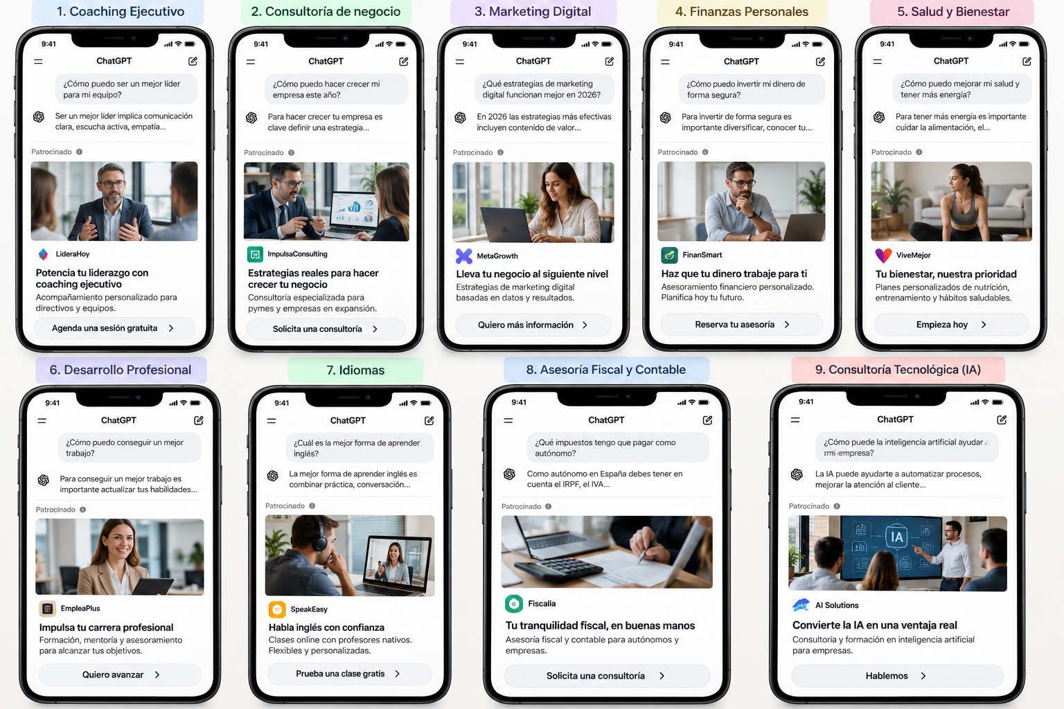 9 ejemplos reales de anuncios de ChatGPT Ads aplicados a distintos sectores: coaching, consultoría, marketing, finanzas, salud, desarrollo profesional, idiomas, asesoría fiscal y consultoría tecnológica