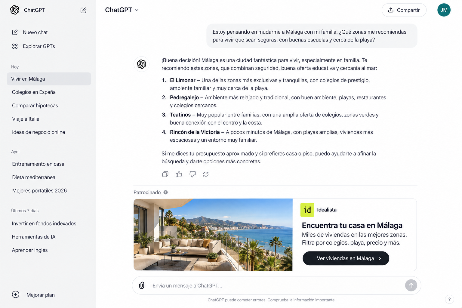 Ejemplo real de anuncio de ChatGPT Ads: Idealista promociona viviendas en Málaga como respuesta patrocinada dentro de una conversación sobre zonas para vivir en familia