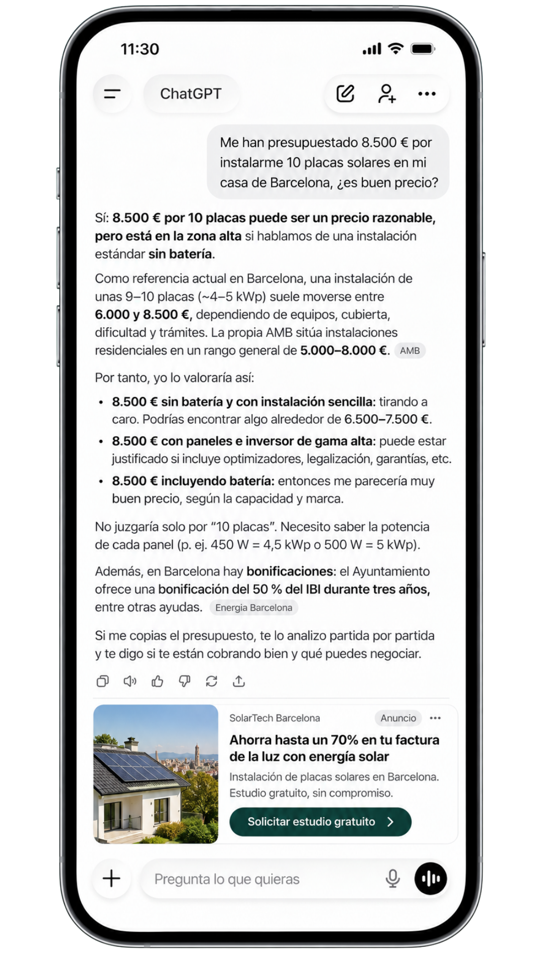 Anuncio real de ChatGPT Ads (SolarTech Barcelona) apareciendo debajo de una respuesta sobre presupuestos de placas solares